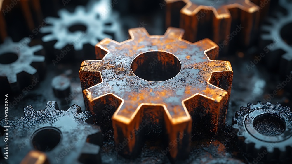 weathered, metallic gears set against a dark, textured background, creating a sense of industrial strength and intricate mechanics weathered, metallic gears set against a dark, textured background, creating a sense of industrial strength and intricate mechanics