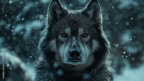 Close-Up of Sled Dogs: A close-up of a lead dog from the team, its breath visible in the cold air, with frost on its fur and snow-covered terrain in the background.  photo