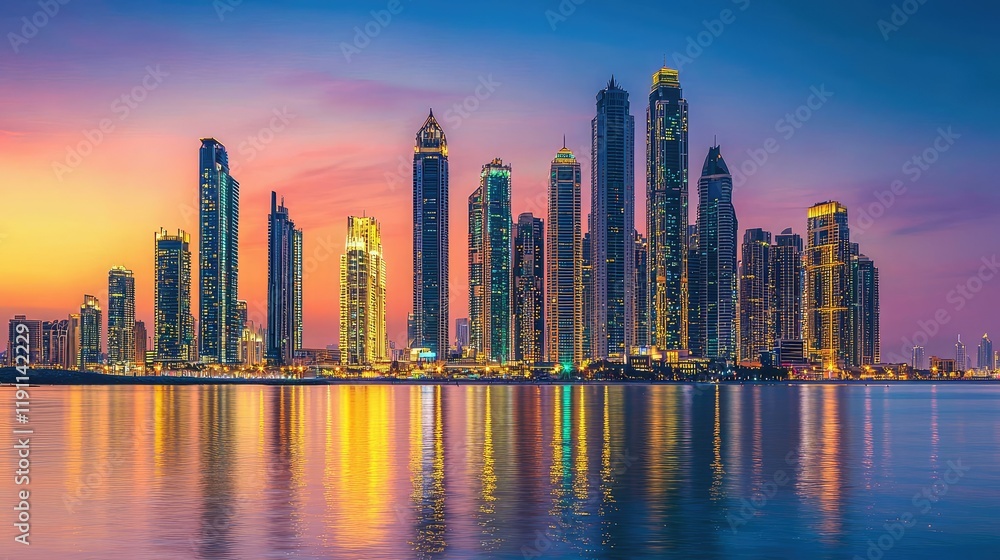 Fototapeta premium Stunning City Skyline at Sunset with Colorful Reflections in Water