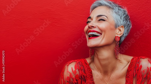 Wallpaper Mural Joyful Mature Woman in Red Dress Against Red Background Torontodigital.ca