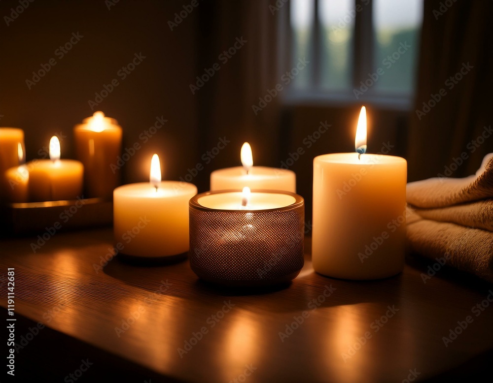 Generated image Warm glow of lit candles in a dark room creating a cozy atmosphere Generated image Warm glow of lit candles in a dark room creating a cozy atmosphere