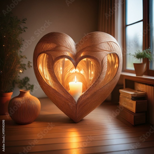 Generated image Warm heart-shaped lamp illuminating cozy room with flower decor on rustic wooden shelf 