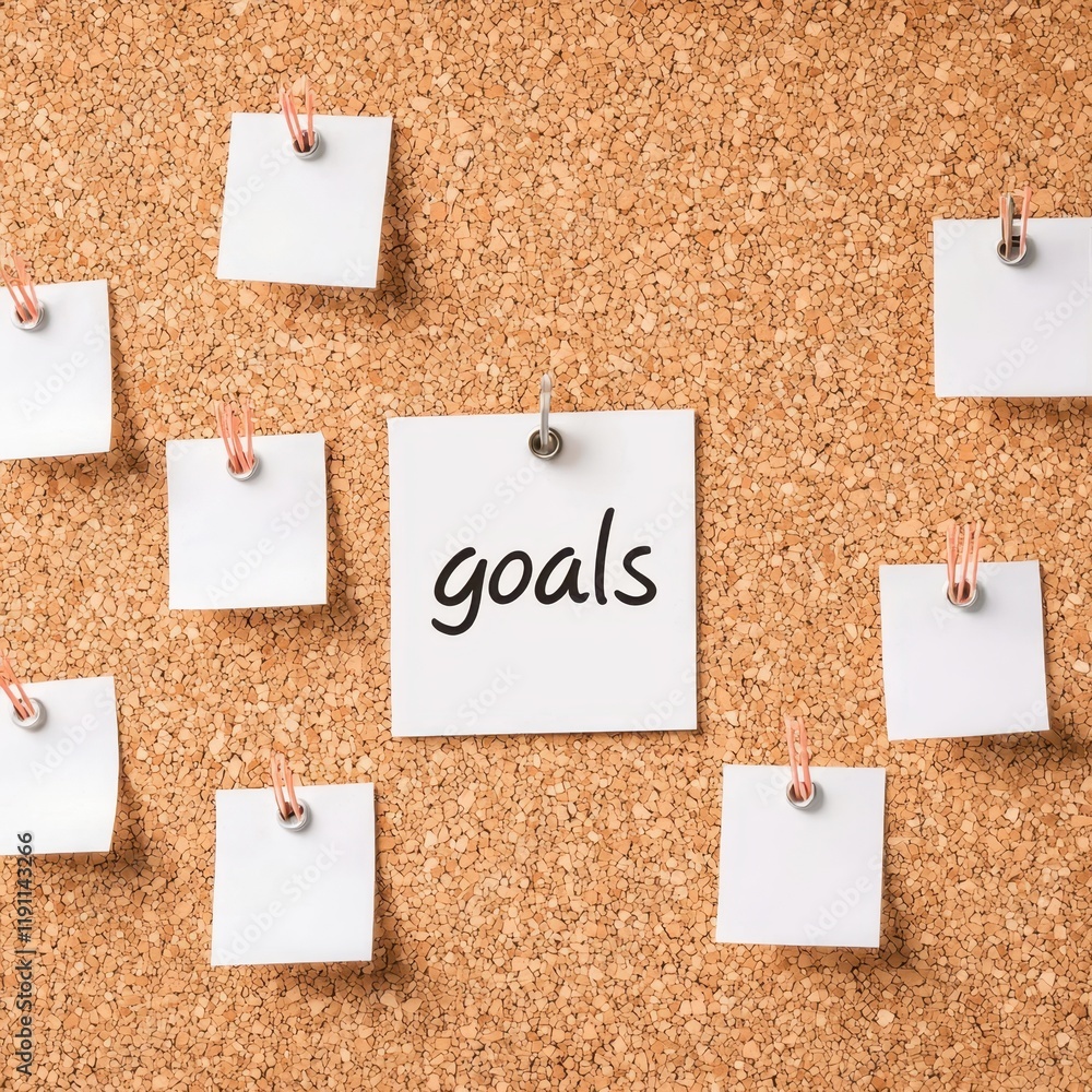 Goal setting planning mindset Concept. Inspirational Corkboard with Pinned Notes Centered Around Personal Goals and Motivational Messages. Goal setting planning mindset Concept. Inspirational Corkboard with Pinned Notes Centered Around Personal Goals and Motivational Messages.
