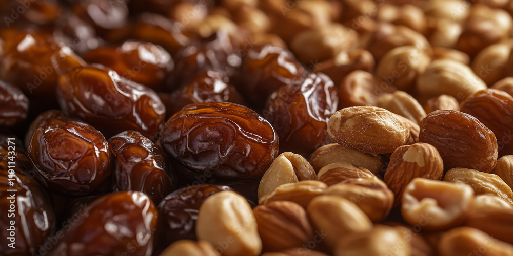 Golden peanuts and shiny dark dates are layered together on a textured wooden surface. This arrangement highlights the diverse textures and colors of these nutritious snacks, inviting a healthy choice Golden peanuts and shiny dark dates are layered together on a textured wooden surface. This arrangement highlights the diverse textures and colors of these nutritious snacks, inviting a healthy choice