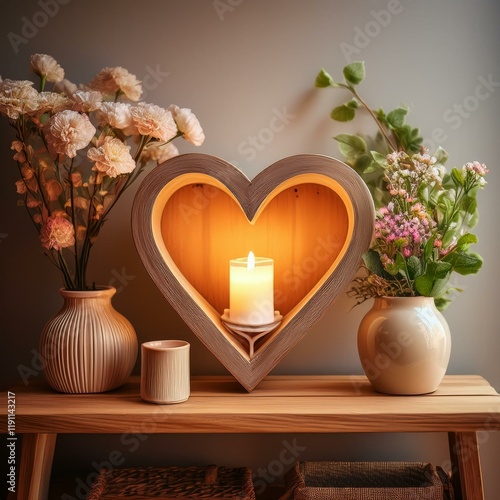 Generated image Warm heart-shaped lamp illuminating cozy room with flower decor on rustic wooden shelf 