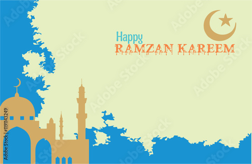 Happy Ramzan Kareem, serene mosque background. Traditional religious symbol crescent, greeting card. Copy space poster and banner for social, electronic and print media. Muslim community. EPS 10