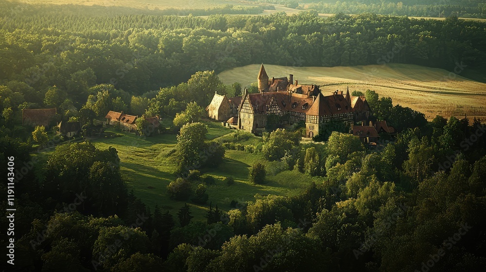 Naklejka premium Serene Aerial View of Medieval Castle Surrounded by Lush Forest