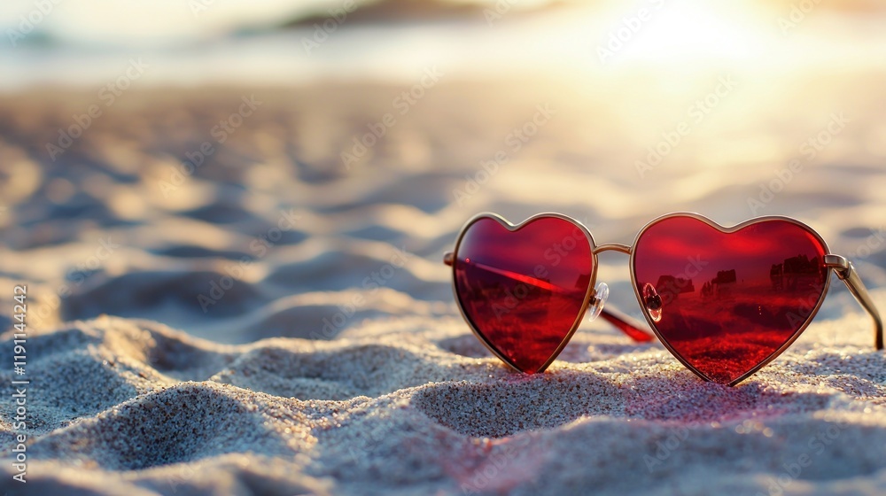 Fototapeta premium Romantic Heart Shaped Sunglasses on Sandy Beach at Sunset