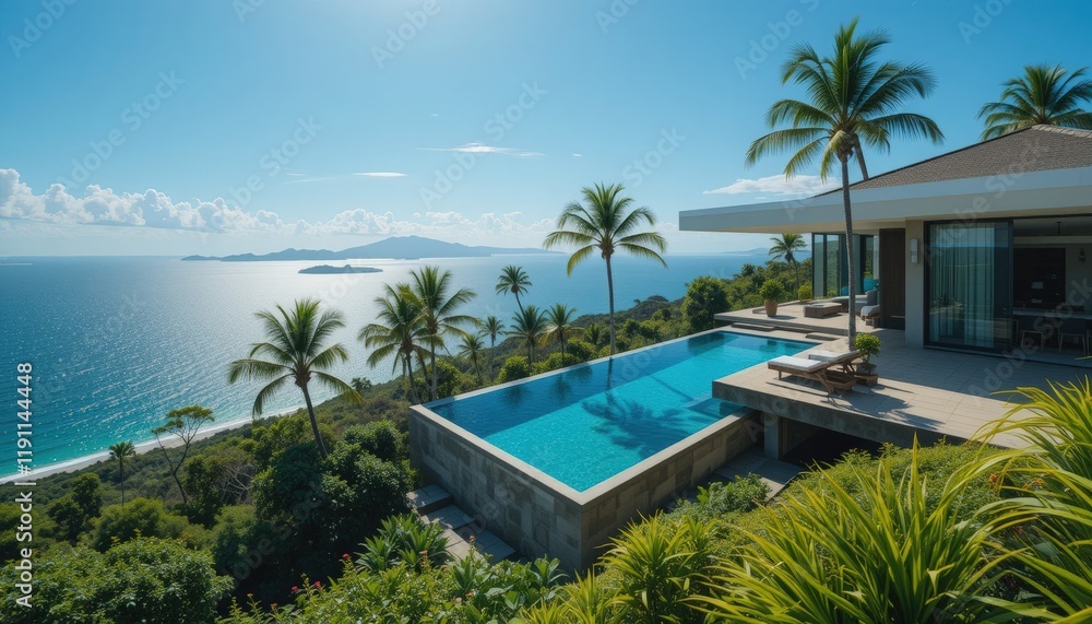Fototapeta premium Luxurious villa with infinity pool offers stunning ocean views on a sunny day