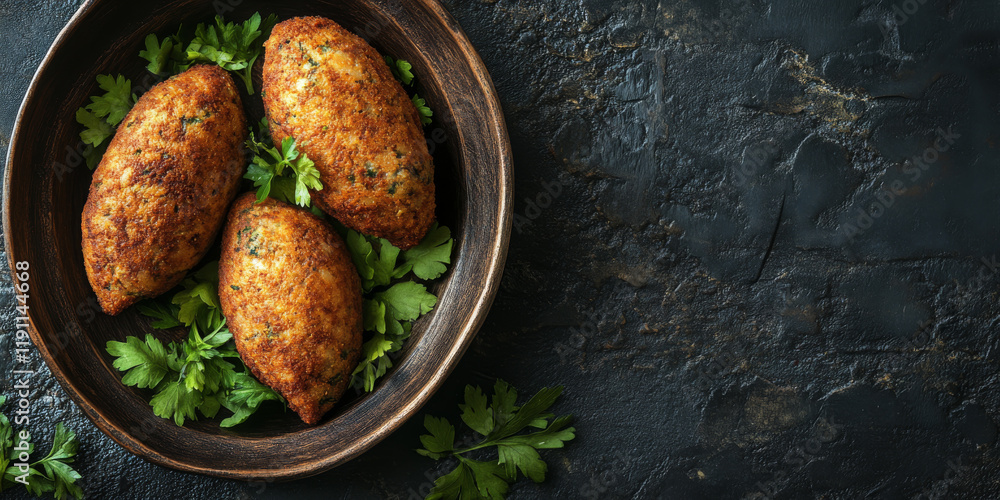 Three perfectly shaped kibbeh are arranged on a rustic plate, surrounded by fresh green herbs, inviting a delightful taste experience for anyone enjoying this traditional dish Three perfectly shaped kibbeh are arranged on a rustic plate, surrounded by fresh green herbs, inviting a delightful taste experience for anyone enjoying this traditional dish