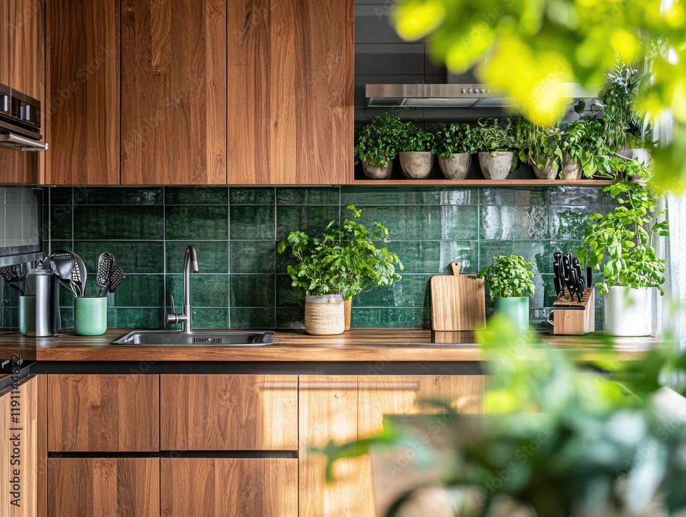 A kitchen with a green tile backsplash and a wooden counter A kitchen with a green tile backsplash and a wooden counter