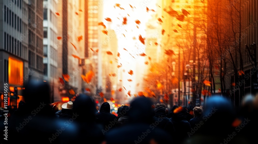 Fototapeta premium A crowd walks through a city street with autumn leaves swirling around them.