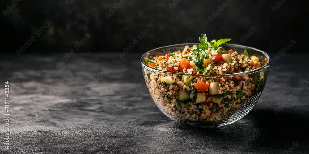 Brightly colored couscous salad assembled with chopped cucumbers, tomatoes, and fresh herbs sits in a glass bowl against a dark textured background, highlighting its vibrant ingredients Brightly colored couscous salad assembled with chopped cucumbers, tomatoes, and fresh herbs sits in a glass bowl against a dark textured background, highlighting its vibrant ingredients