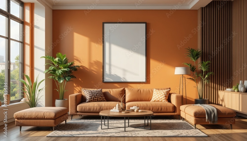 Cozy living room with orange walls and stylish furniture in a modern home environment Cozy living room with orange walls and stylish furniture in a modern home environment