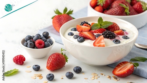 Fresh yogurt. Breakfast with yogurt with fruits and berries. Healthy food concept. Long web format