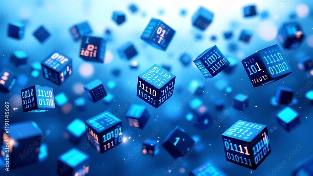 Fototapeta premium Blockchain Information flows in the digital global networks. 3D illustration of data cells with binary code elements.
