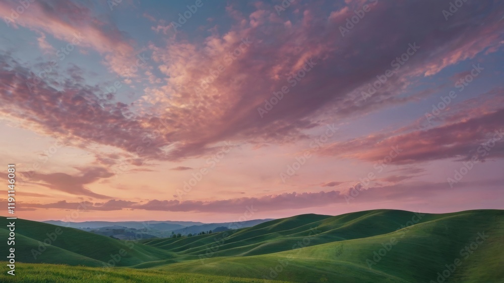 Fototapeta premium A Serene Landscape of Gentle Rolling Hills Bathed in Soft Pastel Colors at Sunset, Capturing the Tranquility and Beauty of Nature