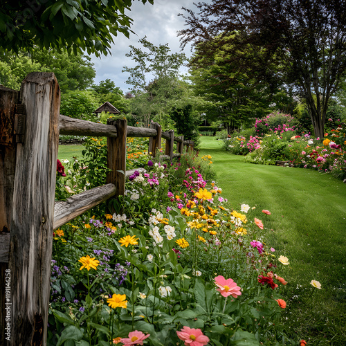 Vibrant flower garden path bordered by a rustic wooden fence, leading to a lush green lawn.