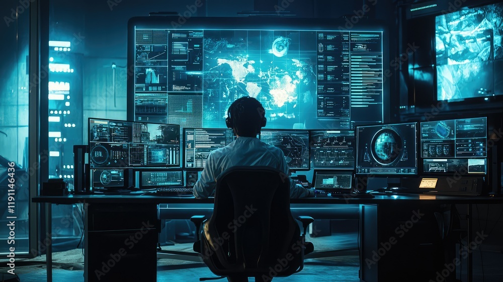 Futuristic Control Room with Operator Analyzing Data on Monitors Futuristic Control Room with Operator Analyzing Data on Monitors