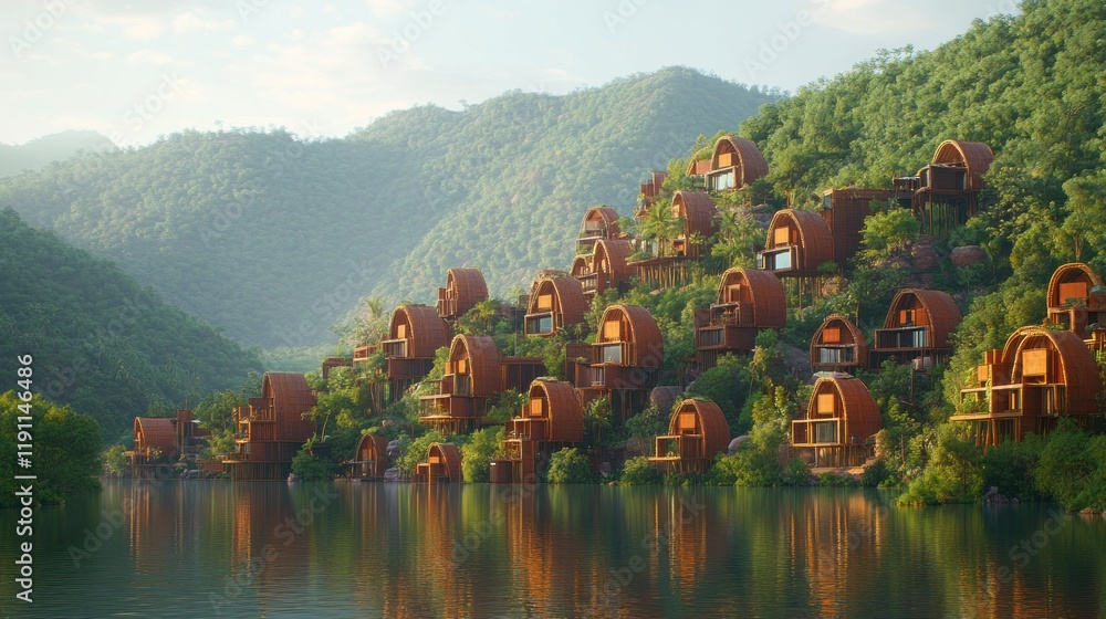 Fototapeta premium Serene escape: Luxurious bamboo cabins nestled on a hillside overlooking a tranquil lake, creating an idyllic eco-resort experience.