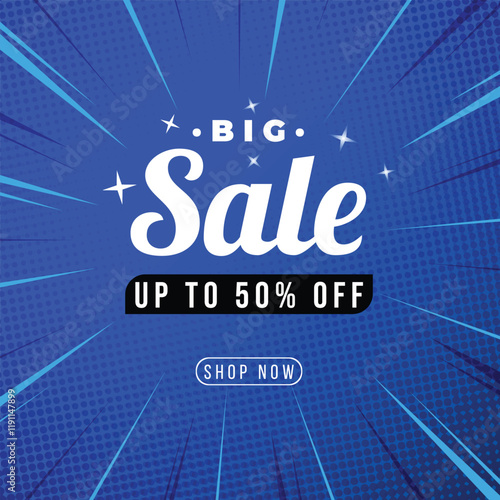 Blue flash sale banner template design for web or social media, Special offer discount up to 50% off.