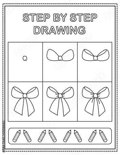 Cute bow. Book page, drawing step by step. Black and white vector coloring page.