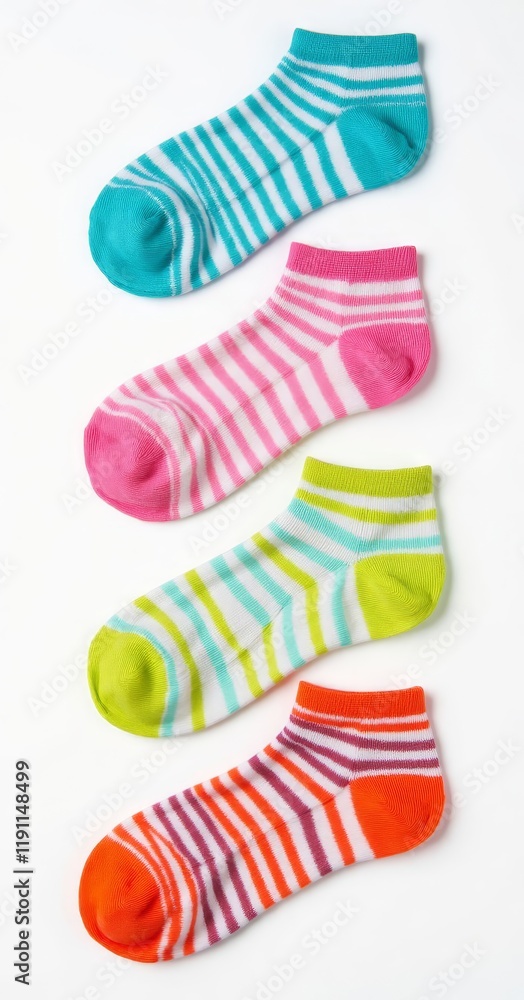Four pairs of striped colorful socks on white background Four pairs of striped colorful socks on white background