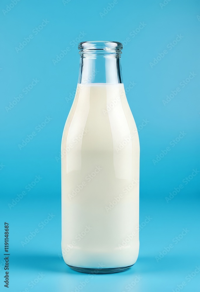 Glass bottle filled with white liquid on blue background Glass bottle filled with white liquid on blue background