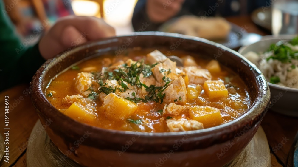 Hearty Chicken and Pumpkin Stew in a Rustic Bowl Hearty Chicken and Pumpkin Stew in a Rustic Bowl