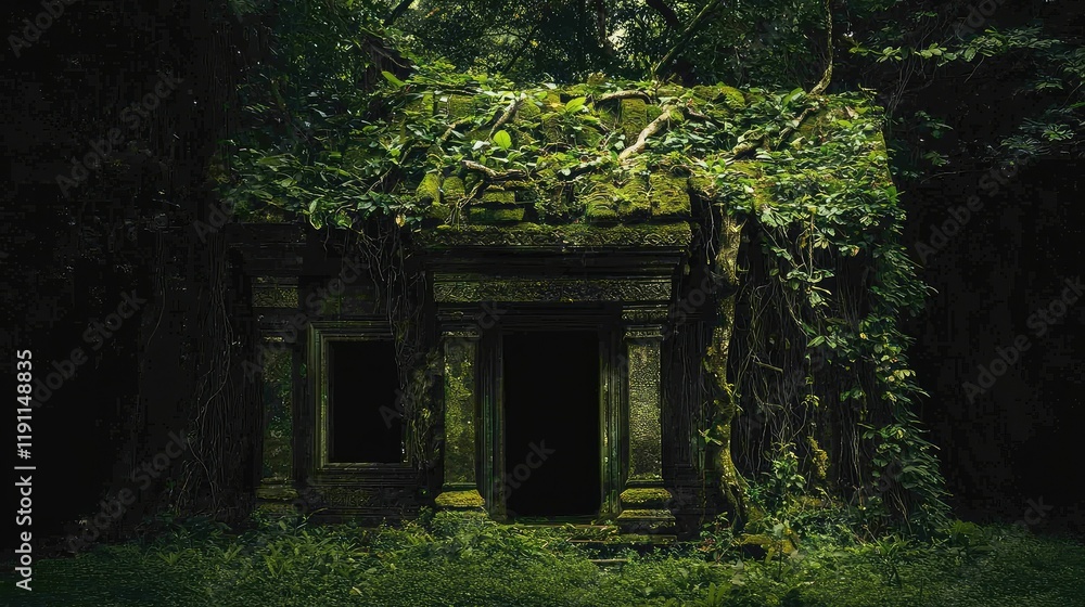 Abandoned Ancient Temple Surrounded by Lush Greenery and Vines Abandoned Ancient Temple Surrounded by Lush Greenery and Vines