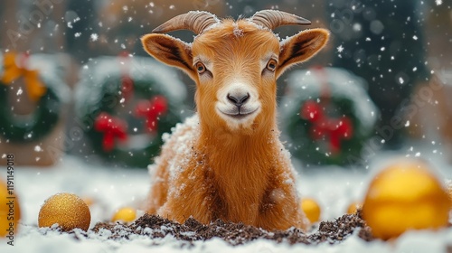 Brown Goat in Snowy Festive Scene. Generative AI photo