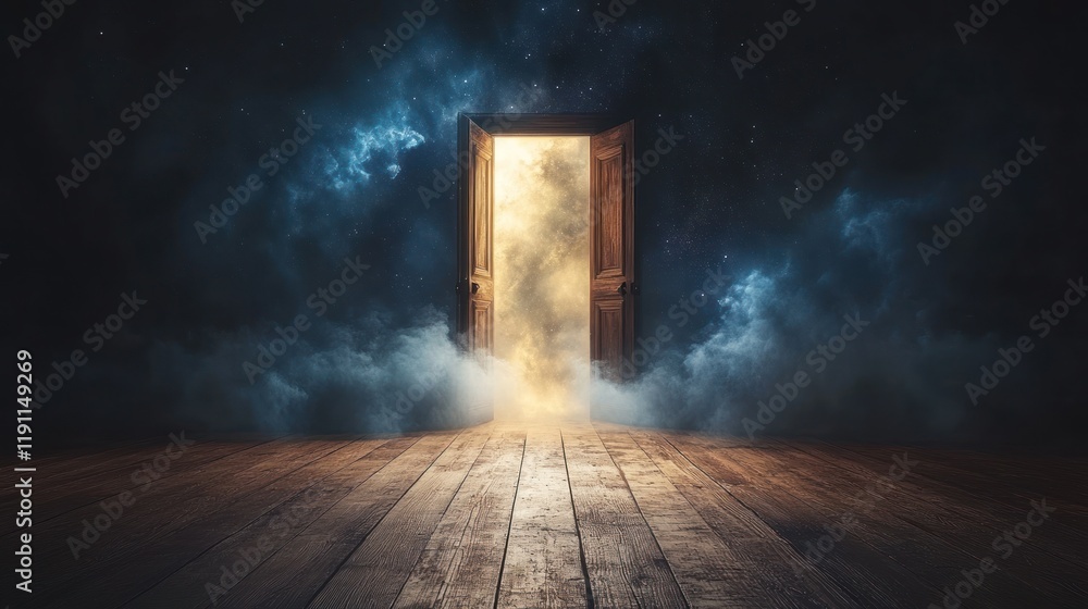 Open door to bright light and clouds in dark room. Open door to bright light and clouds in dark room.