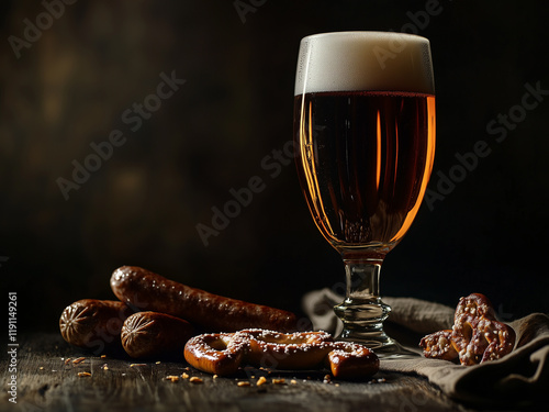 Beer mugs and pretzels and sausage on a wooden table. Oktoberfest. Beer festival photo