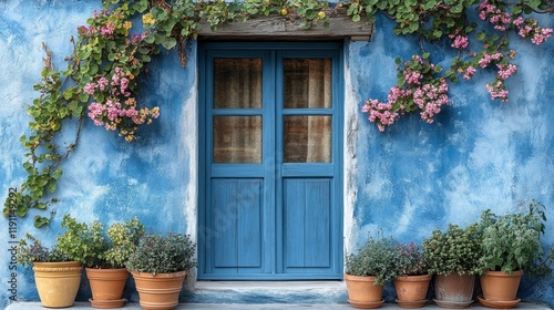 Blue Door with Floral Decor. Generative AI photo