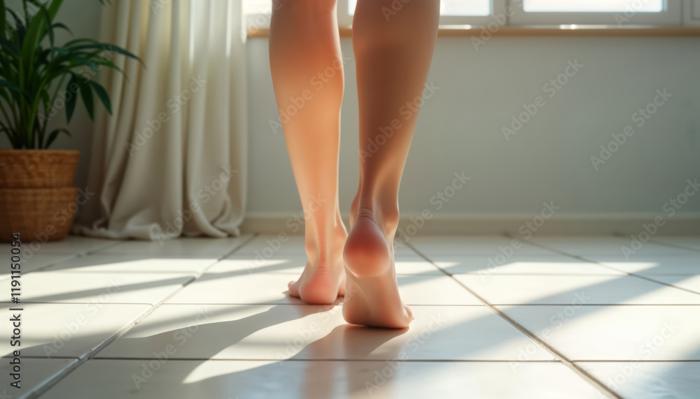 Barefoot lady walks on white tile floor in warm indoor room. Sunlight casts shadows on floor. Relaxing, comfortable scene in bright, clean interior. Tranquil moment of domesticity. Woman in house, Barefoot lady walks on white tile floor in warm indoor room. Sunlight casts shadows on floor. Relaxing, comfortable scene in bright, clean interior. Tranquil moment of domesticity. Woman in house,