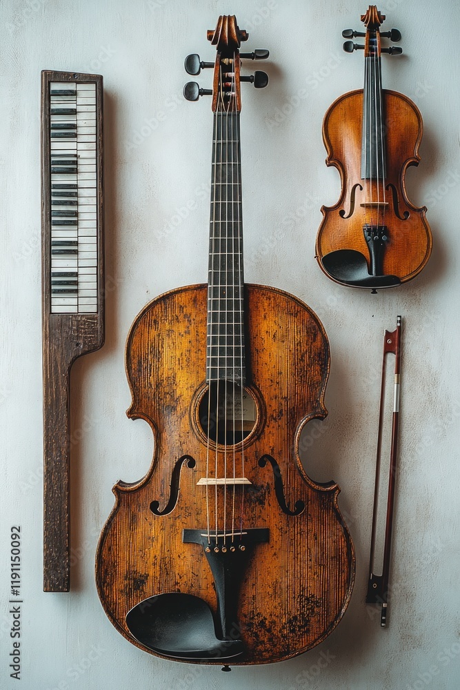 Naklejka premium Antique violins, cello, keyboard fragment.