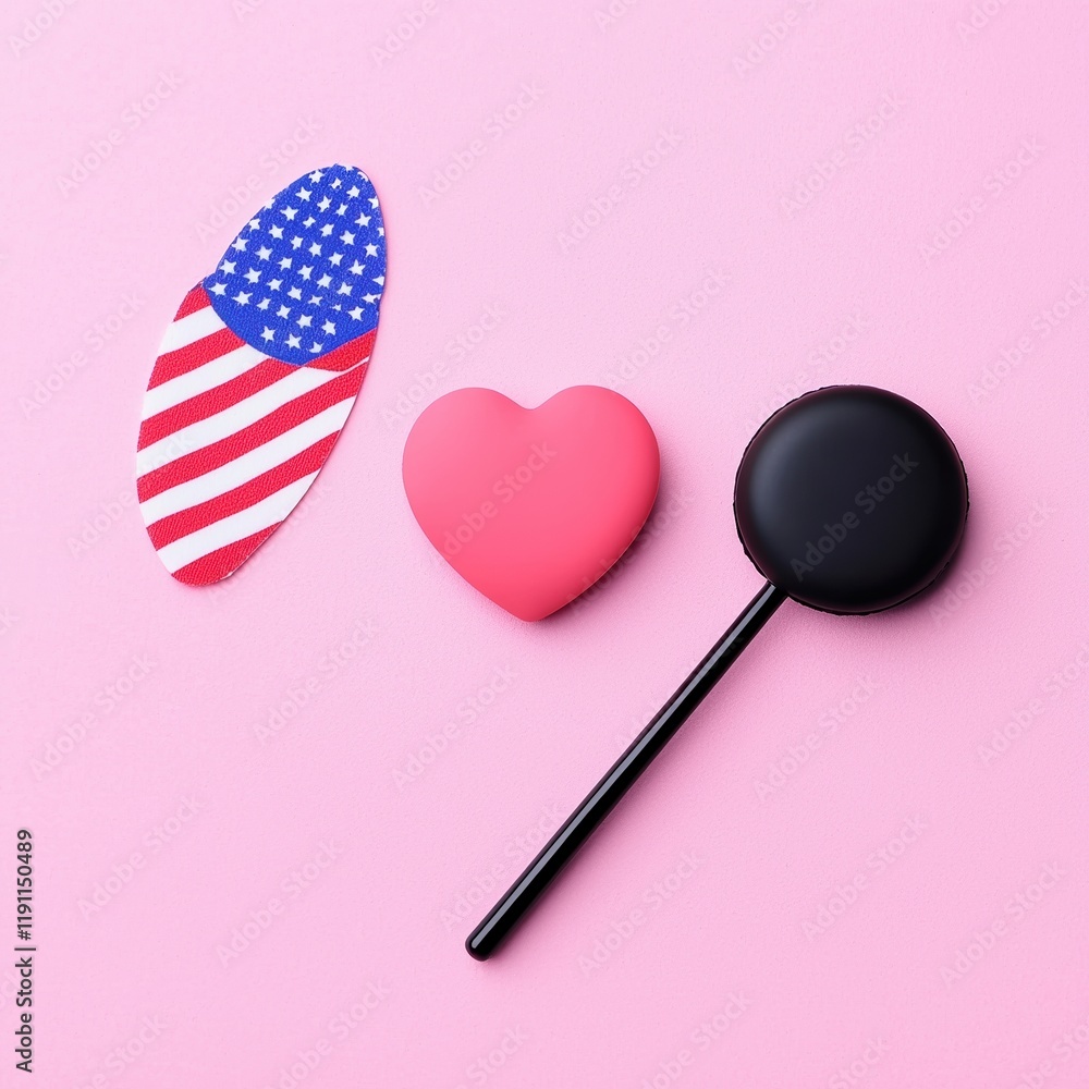 A vibrant arrangement of colorful symbols representing love and patriotism on a pink background. A vibrant arrangement of colorful symbols representing love and patriotism on a pink background.