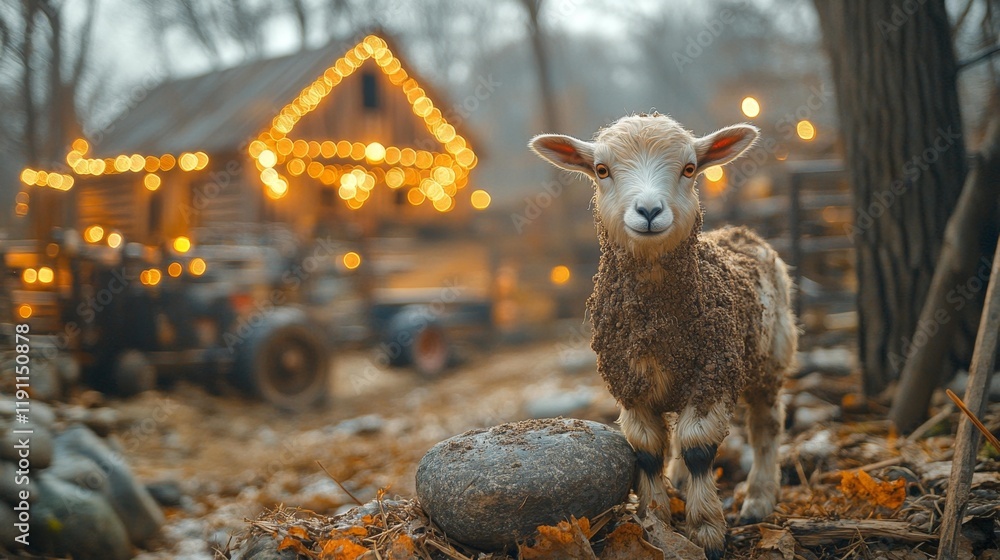 Obraz premium Rustic Goat at Barn with Festive Lights. Generative AI