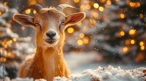 Charming Goat in a Snowy Holiday Scene. Generative AI photo