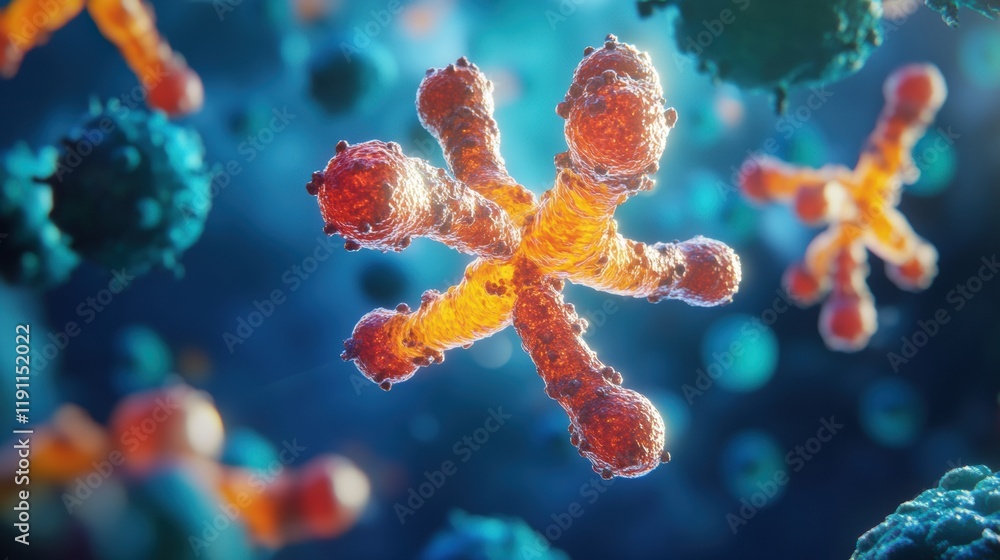 Naklejka premium Antibodies engaging with glowing viruses in a vivid scientific illustration. Generative AI