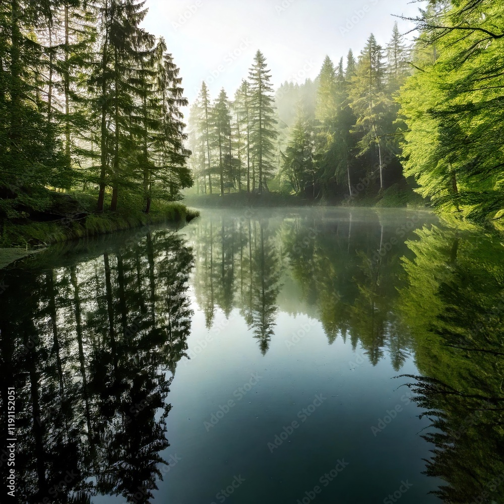 A serene lake, embraced by towering trees at sunrise, reflects the quiet beauty of the forest under a soft blanket of morning mist.