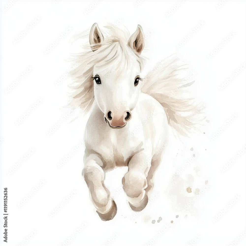 Fototapeta premium Illustration of the Shetland Pony running towards through grassland, soft watercolor tones, white background, detailed illustration, cartoonish.