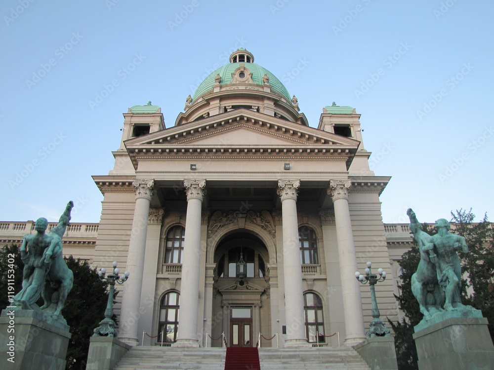 Obraz premium Entrance to the Parliament Building (National Assembly) of the Republic of Serbia in Belgrade, Serbia