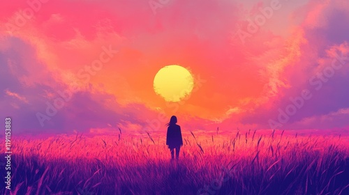 Woman Silhouetted Against Vibrant Sunset Field