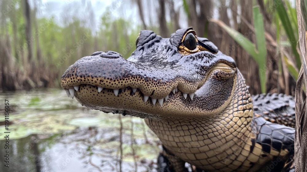 Obraz premium Close-up of a Young Alligator in a Swamp