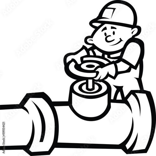 Pipe master in hard hat closing a wheel valve