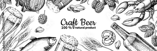 Beer vector frame banner. Alcohol beverage hand drawn illustration. Beer glass,