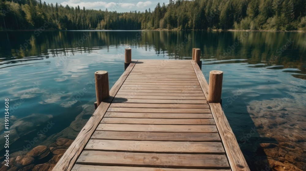 Fototapeta premium Serene Lake Dock Against a Backdrop of Lush Green Forest: A Peaceful Escape into Nature's Tranquility for Relaxation