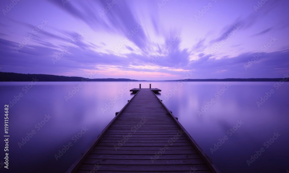 Long wooden dock stretching into calm purple lake. Long wooden dock stretching into calm purple lake.