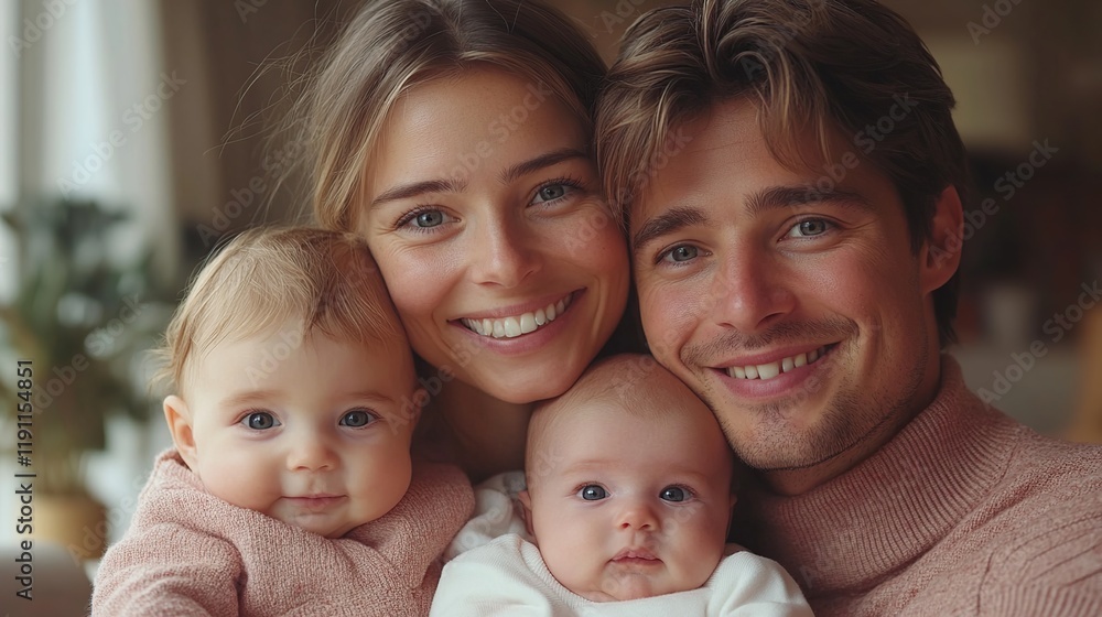 Happy young family with two smiling babies. Happy young family with two smiling babies.